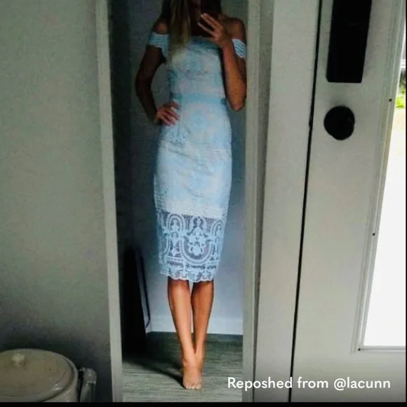 princess polly baby blue dress Off Shoulder Evening Dress Light Blue Lace Party Dress, Long Sleeve Tulle Prom Dress main image 0